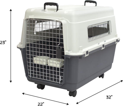 Plastic Kennels Rolling Plastic Wire Door Travel Dog Crate- Large Kennel, Gray